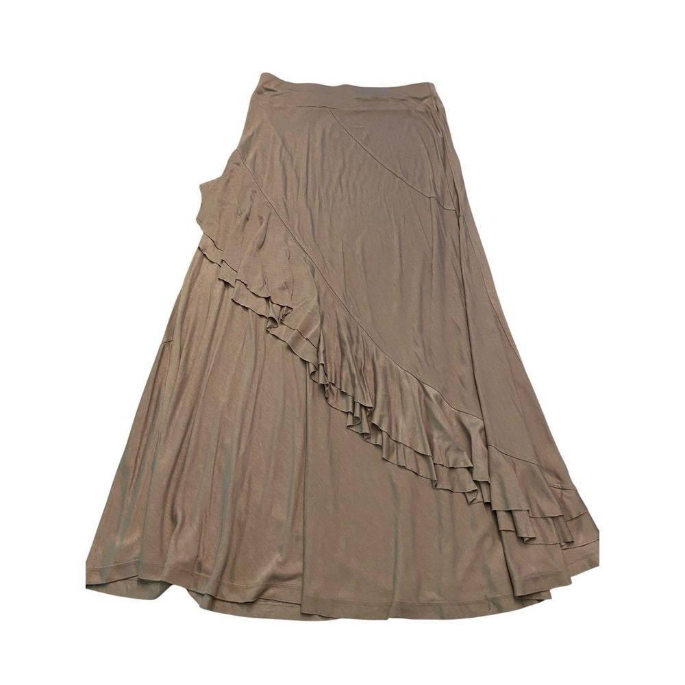 ⁠Relativity Skirt Womens Petite Large PL Taupe Brown Ruffle Asymmetrical Rayon